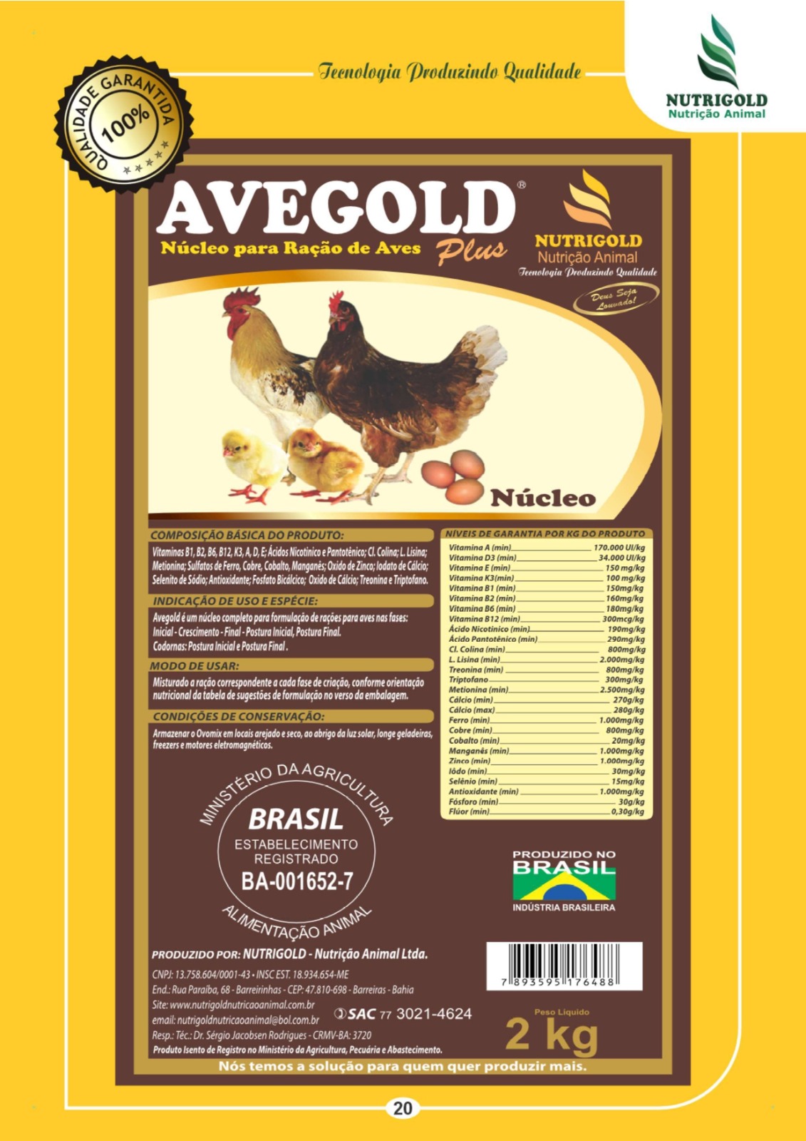 Avegold Plus - Núcleo Para Aves, Vitaminas B1, B2, B6, 12, K3, A, D, E.